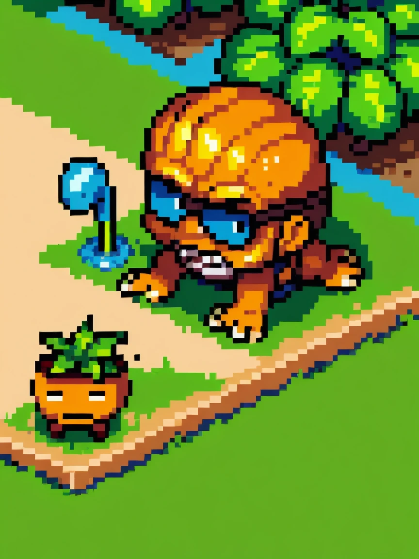 (masterpiece), (best quality), (detailed), Line Art, sketch, crazy dave from the game plants vs Zombies, crazy dave is watering his plants on his garden, Zombies are walking towards the garden, Zombies, Sunlight, Sunlight, daytime, landscape, A top-down view, garden, Warm colors, Pixel Art, 