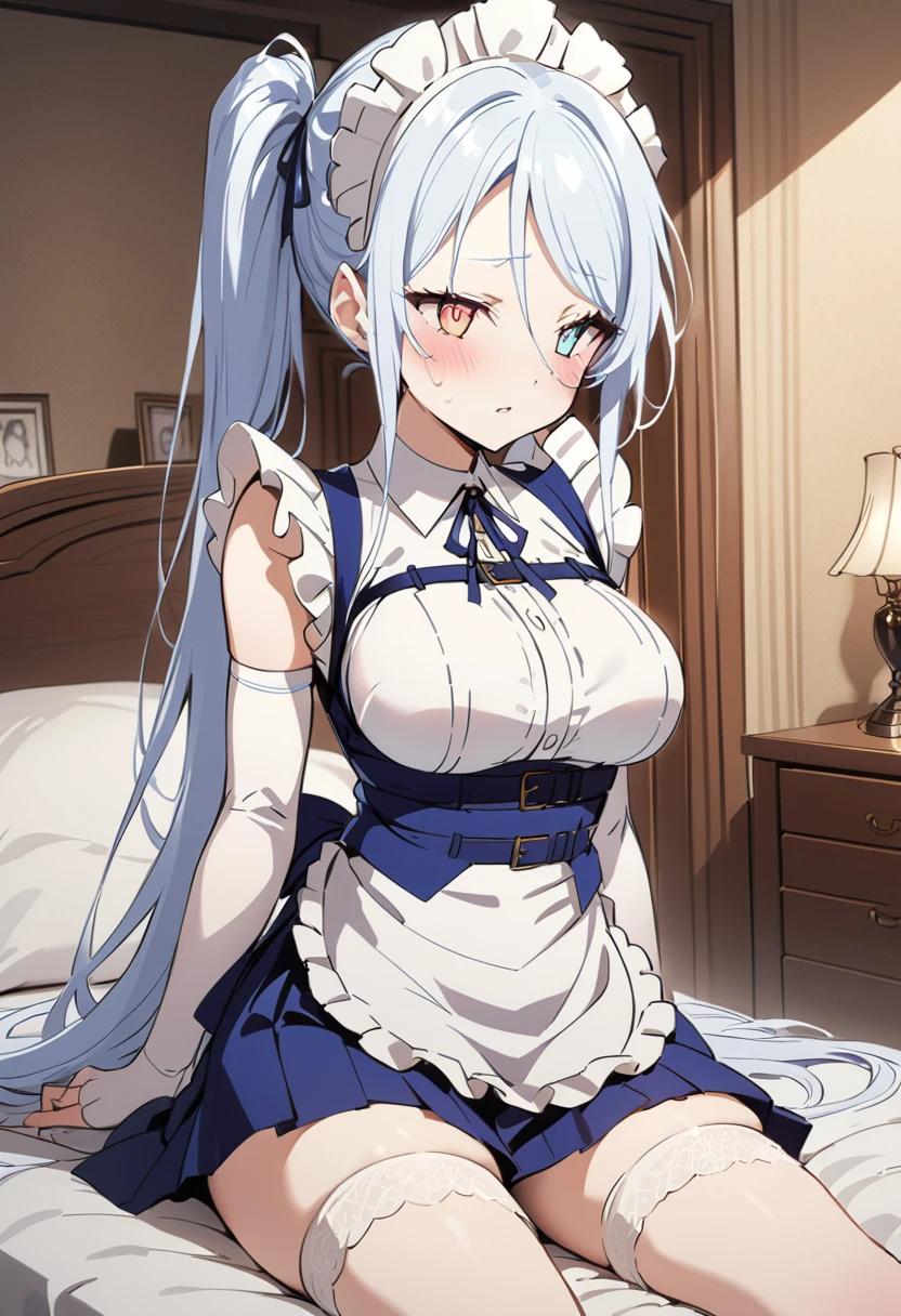 (best quality),masterpiece,perfect body,very long white hair ,medium round breast,heterochromia red&blue eye,side pony tails,most beautiful girl,apron,blue pleated skirt,thigh sock,elbow gloves,ribbon hair tie,a girl raped,a wife raped in bedroom by her husband,she give service use her body until satisfied him,he punish naughty maid by raped her,a guy he pull out his large c*ck insert imidietly to her cevix it very deep and spray sperms inside,(((just show me a guy brutaly raped girl))),this girl born to be raped