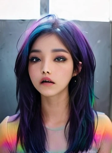 a young indonesian woman, sleek and straight hair, at the hair salon. she have a  layered haircut, bright rainbow hair with bright yellow, shocking pink, electric blue, neon green, vibrant purple, bright silver, bright orange, and flaming red haircolor. she wears a white dress. she has a confused expression on her face for her new hair. view from her back, as she look in a mirror.
