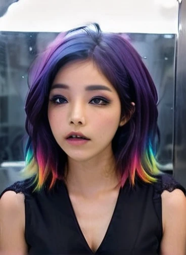 a young indonesian woman, sleek and straight hair, at the hair salon. she have a layered haircut, bright rainbow hair with bright yellow, shocking pink, electric blue, neon green, vibrant purple, bright silver, bright orange, and flaming red haircolor. she wears a white dress. she has a confused expression on her face for her new hair. view from her back, as she look in a mirror.