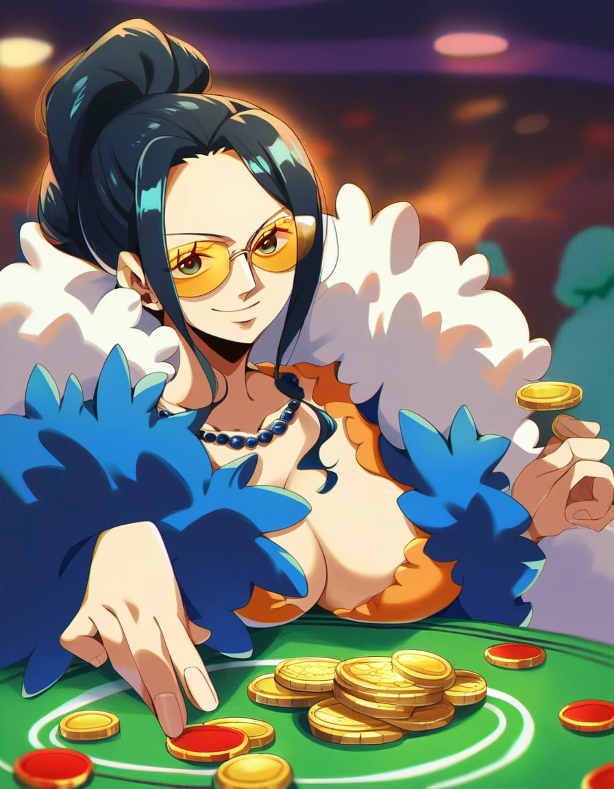 score_9, score_8_up, score_7_up, score_6_up, score_5_up, score_4_up, BREAK, source_anime, 1girl, nico robin wearing a white short dress with a blue feather boa sitting at a poker table inside a casino, nicogold, necklace, sunglasses, black hair, ponytail,
looking at viewer, poker, gold coin, casino, indoors, casino background