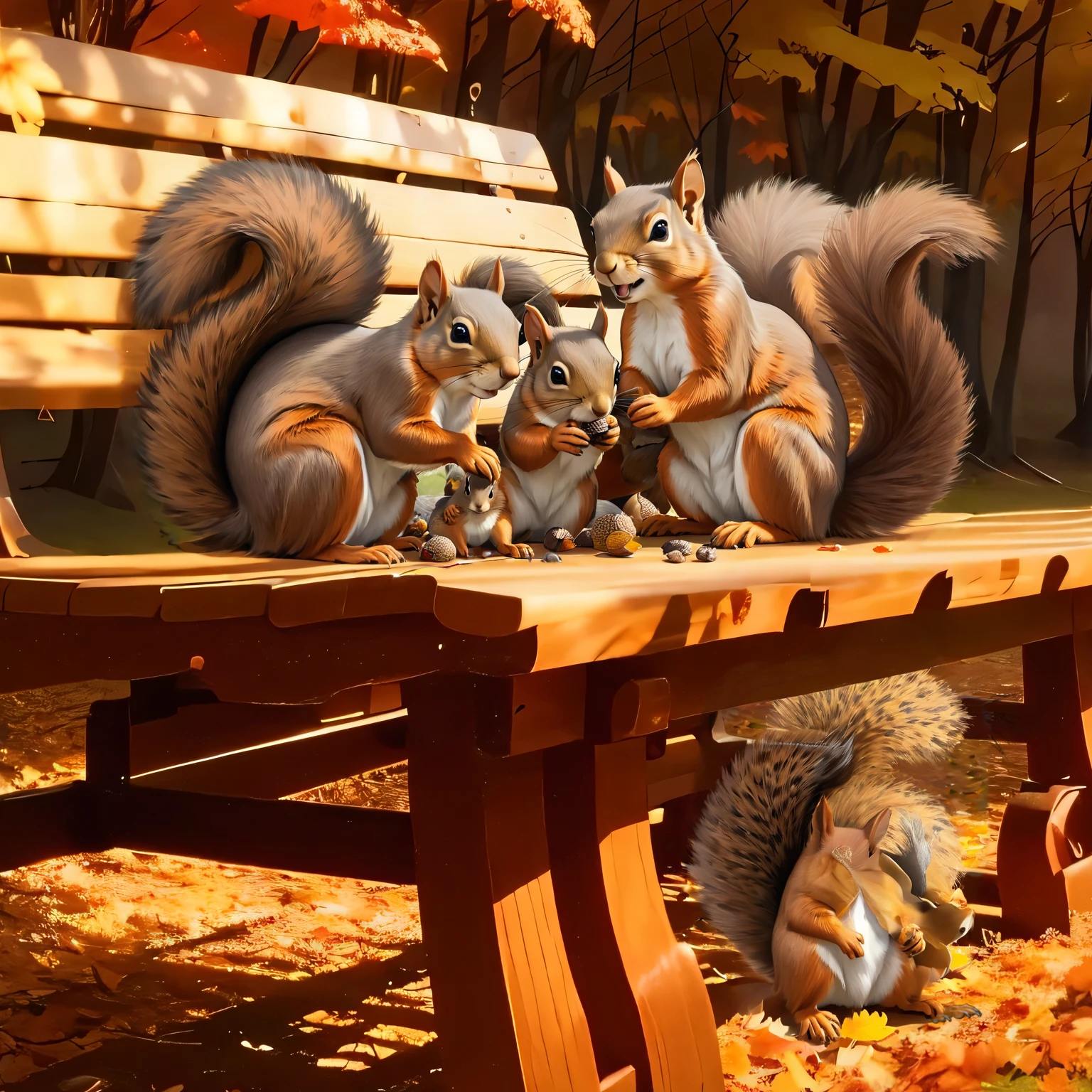 (8K, 16K, Awards, Highest quality, High resolution, Very detailed,Anatomically correct, Realistic, RAW Photos, Tabletop: 1.1),
(A flock of squirrels:1.5),Gathering acorns together,Four squirrels are on the bench,A squirrel is under the bench,