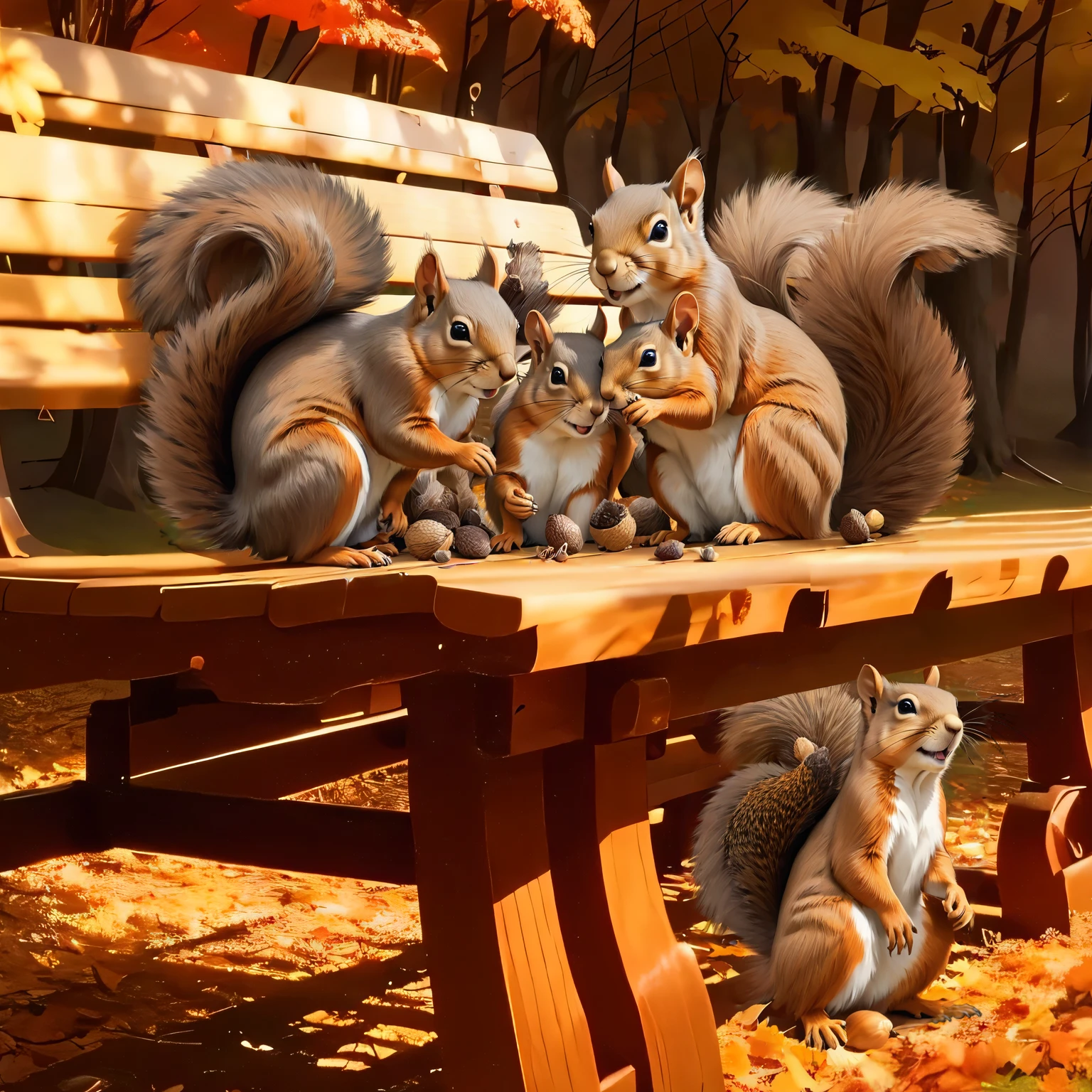 (8K, 16K, Awards, Highest quality, High resolution, Very detailed,Anatomically correct, Realistic, RAW Photos, Tabletop: 1.1),
(A flock of squirrels:1.5),Gathering acorns together,Four squirrels are on the bench,A squirrel is under the bench,