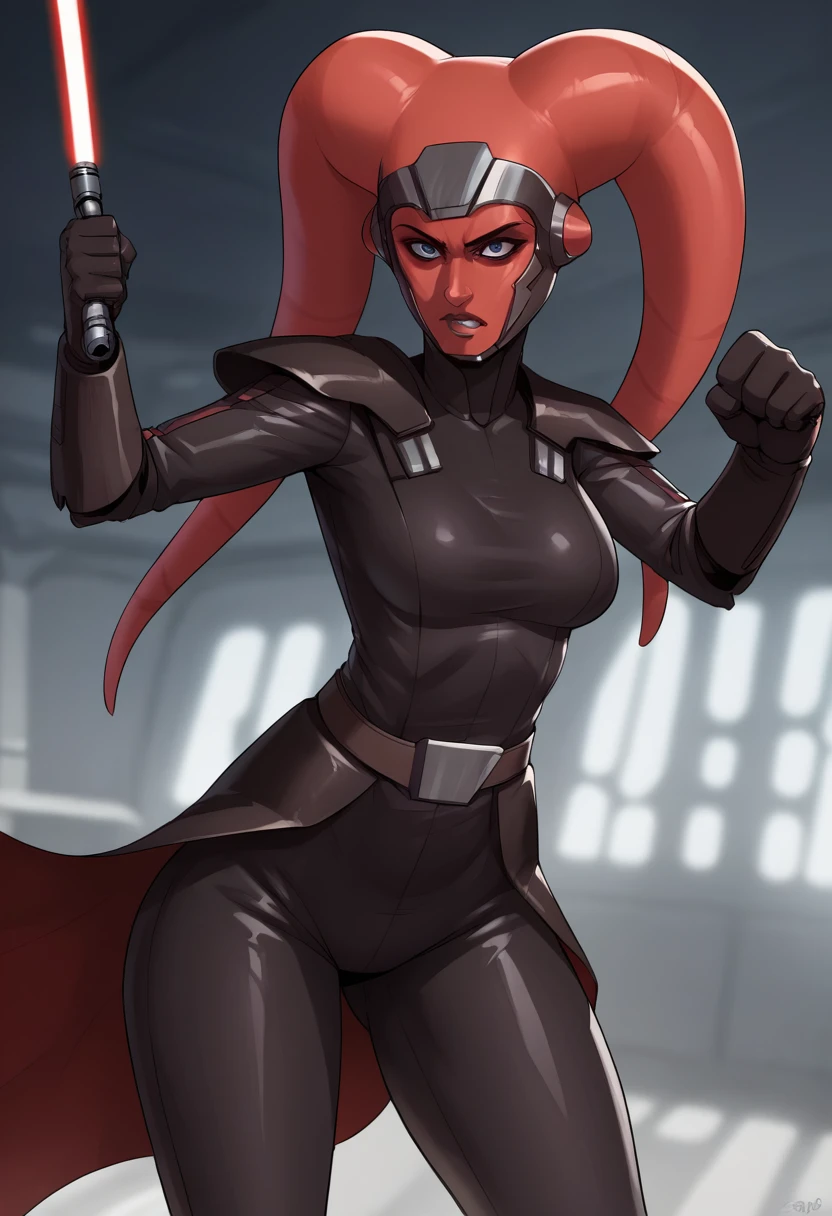 score_9, score_8_up, score_7_up, score_6_up, 2d, rating_questionable, rating_safe, BREAK green skin Female Twi'lek
(((hera syndulla ))), helmet with red visor, star wars, armor,black gloves,tight bodysuit,black cape,black pants, close up, solo, standing, front view, medium breasts, wide hips, holding lightsaber, double edged, action pose, red blade, indoors, sith base, science fiction,
