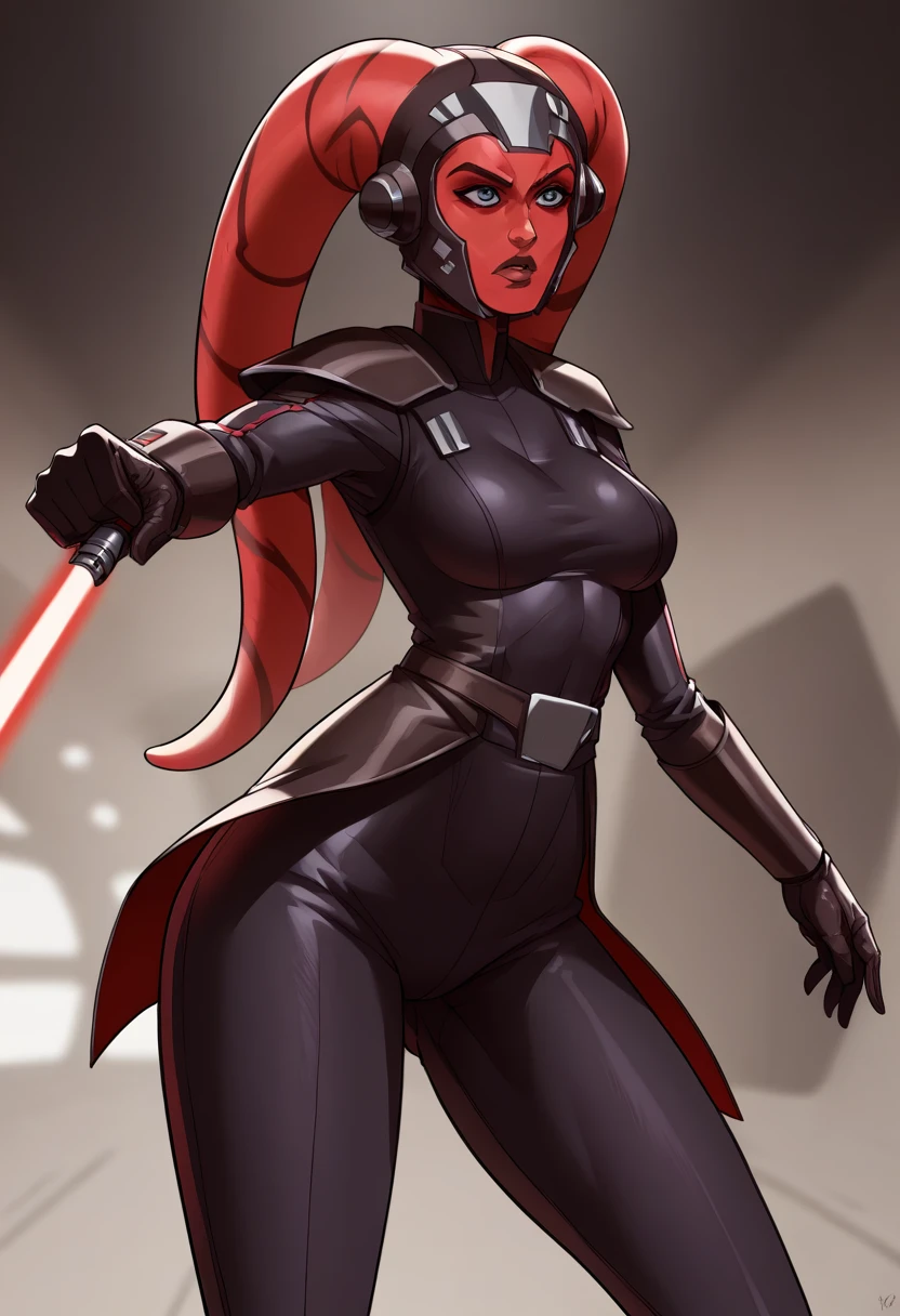 score_9, score_8_up, score_7_up, score_6_up, 2d, rating_questionable, rating_safe, BREAK green skin Female Twi'lek
(((hera syndulla ))), helmet with red visor, star wars, armor,black gloves,tight bodysuit,black cape,black pants, close up, solo, standing, front view, medium breasts, wide hips, holding lightsaber, double edged, action pose, red blade, indoors, sith base, science fiction,
