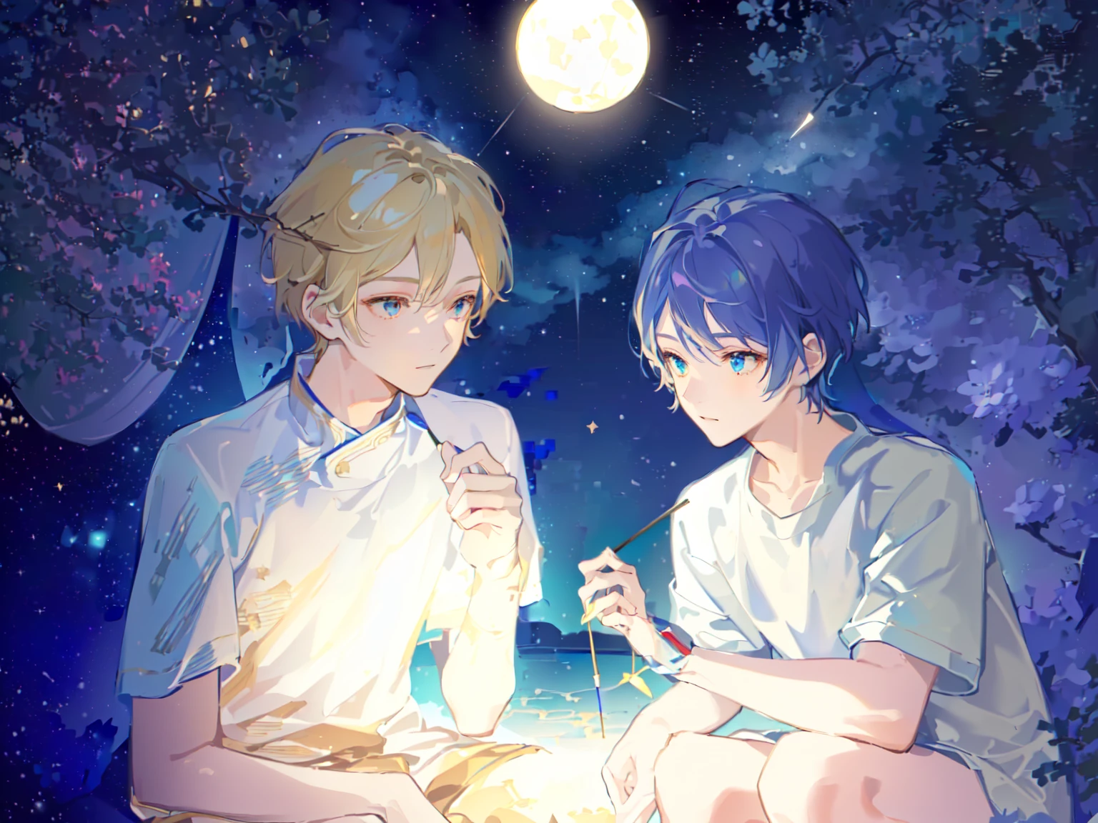 Two boys,The person on the left has blond hair,The person on the right has dark blue hair,White T-shirt,Background is starry sky,night,Beautiful starry sky,Hold a fireworks stick,hanabi,Hanabi,The right light and shadow,8K,Correct human body,Detailed eye painting,illustration,Highest quality,Exquisite,Detailed face,Masterpiece,flat chest,Slim,young,16 years old,High-end,Hand Painted,Official Fanart, Visual novel, Anime style,Girly Romance, Produced by Anime Painter Studio,masterpiece, best quality, Sharp focus, Intricate details, Perfect, Golden Ratio Composition, 8K resolution, High resolution, fair, fair sky, Vibrant pastel colors, Vibrant colors
