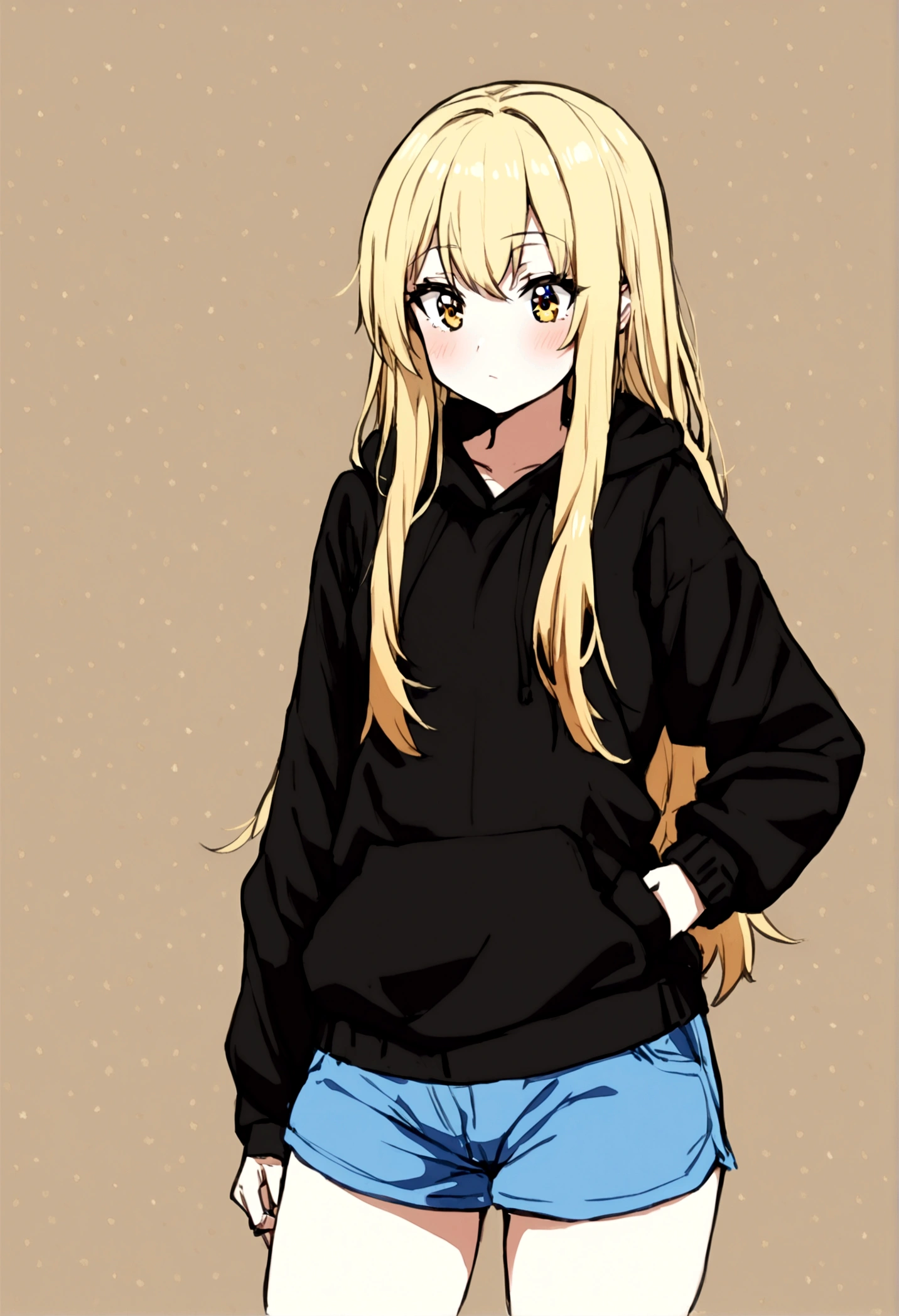 1girl, teen, black hoodie, blue shorts, long blond hair, 