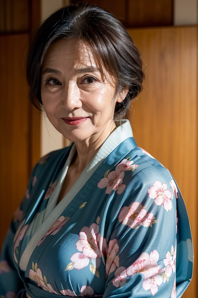 (masterpiece:1.4),(68-year-old woman:1.5),(facial wrinkles 1.2),gentle smile, (up hair : 1.1), (wearing kimono with floral pattern), Motherhood Mature Woman