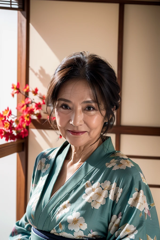 (masterpiece:1.4),(68-year-old woman:1.5),(facial wrinkles 1.2),Captivating smile, (Updo : 1.1), (Wearing a yellow kimono), Motherhood Mature Woman