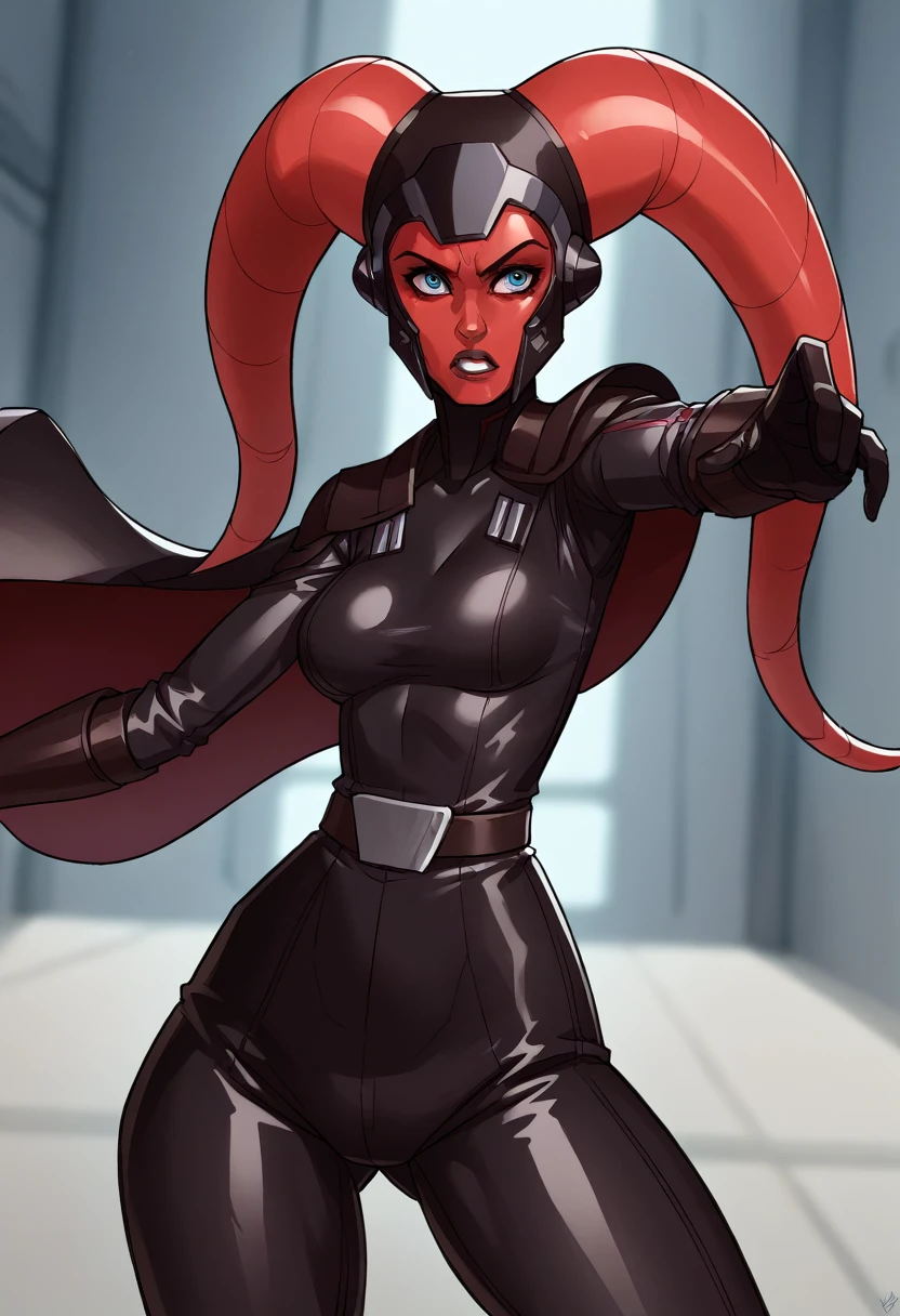 score_9, score_8_up, score_7_up, score_6_up, 2d, rating_questionable, rating_safe, BREAK green skin Female Twi'lek (((hera syndulla ))), helmet with red visor, star wars, armor,black gloves,tight bodysuit,black cape,black pants, close up, solo, standing, front view, medium breasts, wide hips, holding lightsaber, double edged, action pose, red blade, indoors, sith base, science fiction,
