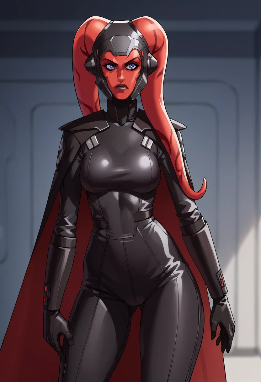 score_9, score_8_up, score_7_up, score_6_up, 2d, rating_questionable, rating_safe, BREAK green skin Female Twi'lek (((hera syndulla ))), helmet with red visor, star wars, armor,black gloves,tight bodysuit,black cape,black pants, close up, solo, standing, front view, medium breasts, wide hips, holding lightsaber, double edged, action pose, red blade, indoors, sith base, science fiction,