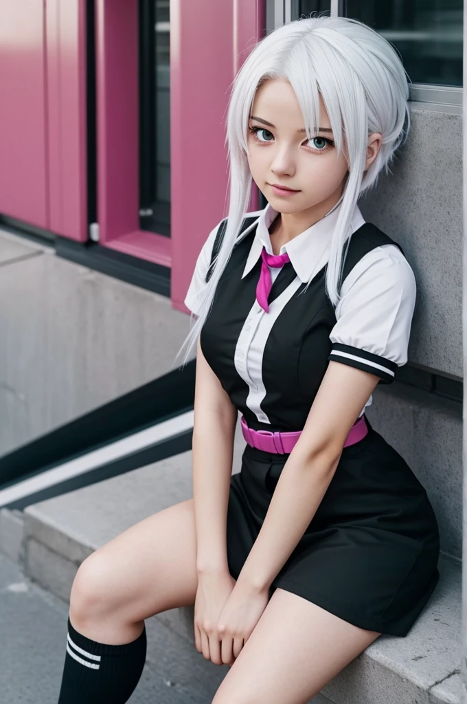 Screenshot of my hero academia cute white hair girl. Straight and long black, she is wearing the UA uniform, she is sitting, she has black, slanted eyes and pink cheeks.