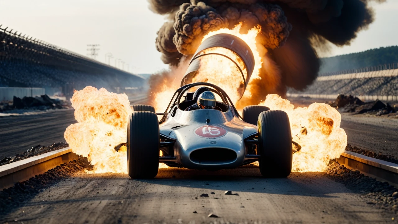 A futuristic race through a destroyed track after a nuclear explosion、Cinematic still image of a race car suffering a gas puncture。Crash、Destruction and explosion、Flaming、Shallow depth of field、Vignette、Very detailed、High budget、Bokeh、CinemaScope、Moody、grow、gorgeous、Film Grain、granular、High Quality Photos、3-point lighting、flash with softbox、4K、Canon EOS R3、HDR、Smooth、Sharp Focus、High resolution、Award-winning photography、80mm、f2.8、Bokeh
、undefined