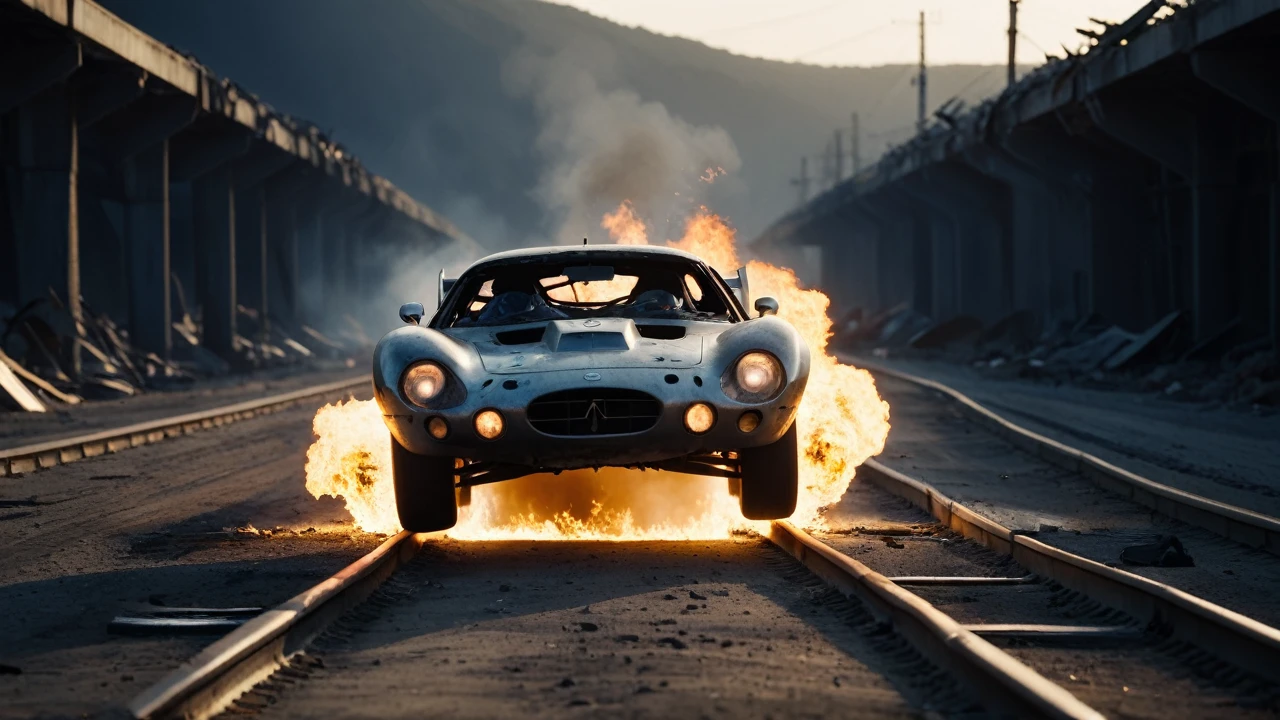A futuristic race through a destroyed track after a nuclear explosion、Cinematic still image of a race car suffering a gas puncture。Crash、Destruction and explosion、Flaming、Shallow depth of field、Vignette、Very detailed、High budget、Bokeh、CinemaScope、Moody、grow、gorgeous、Film Grain、granular、High Quality Photos、3-point lighting、flash with softbox、4K、Canon EOS R3、HDR、Smooth、Sharp Focus、High resolution、Award-winning photography、80mm、f2.8、Bokeh
、undefined
