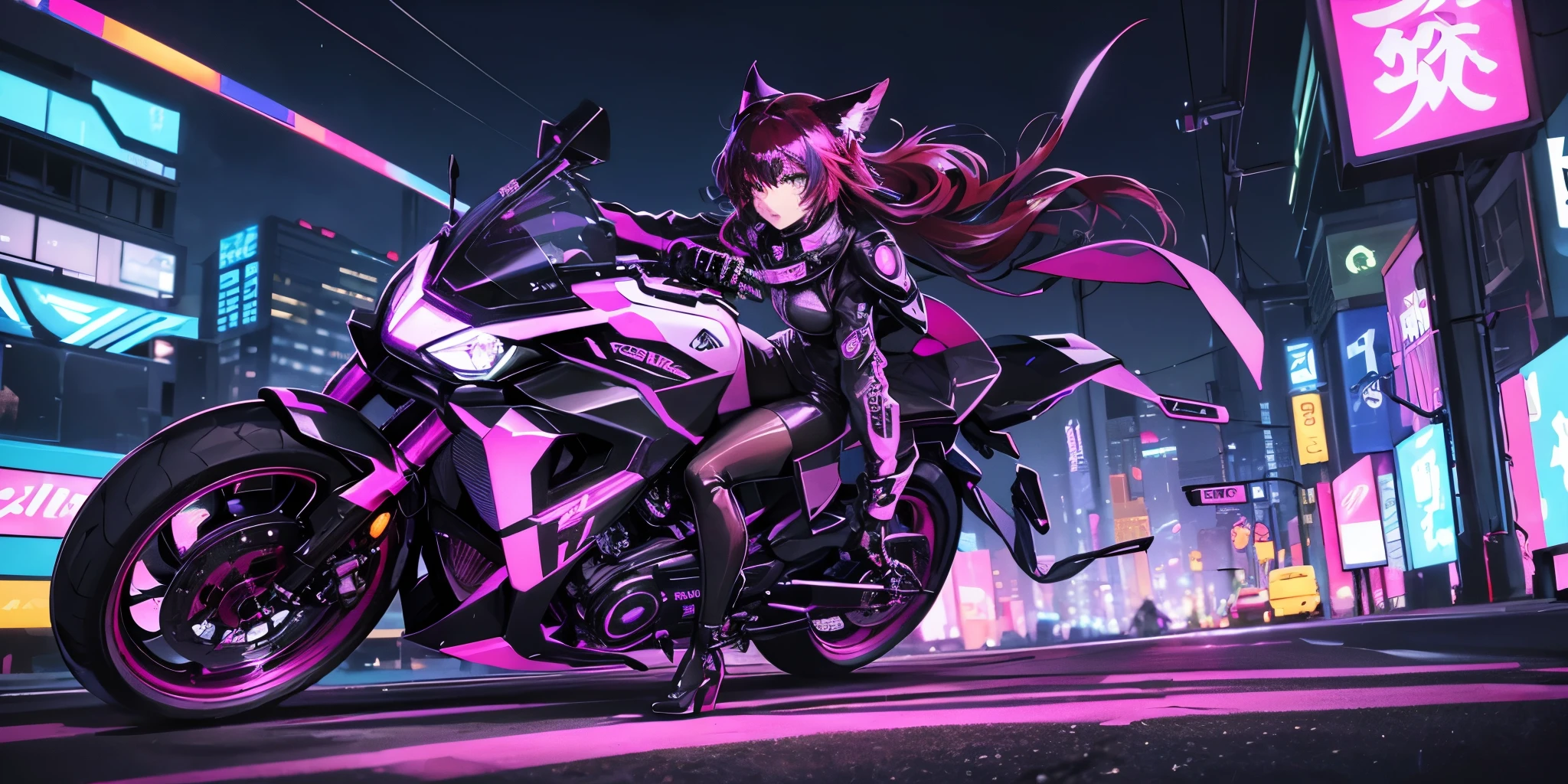 He transports me to a cyberpunk world full of mystery and futurism. I imagine this anime girl on her cyberpunk motorcycle, surrounded by neon lights in a night city. His purple and black suit., The shiny chains and her red hair create an intriguing image.. The motorcycle, with its shiny surface and cat-shaped helmet, adds a touch of enigma. He&#39;it&#39;s like her&#39;You&#39;re ready for an exciting nighttime adventure.!! .