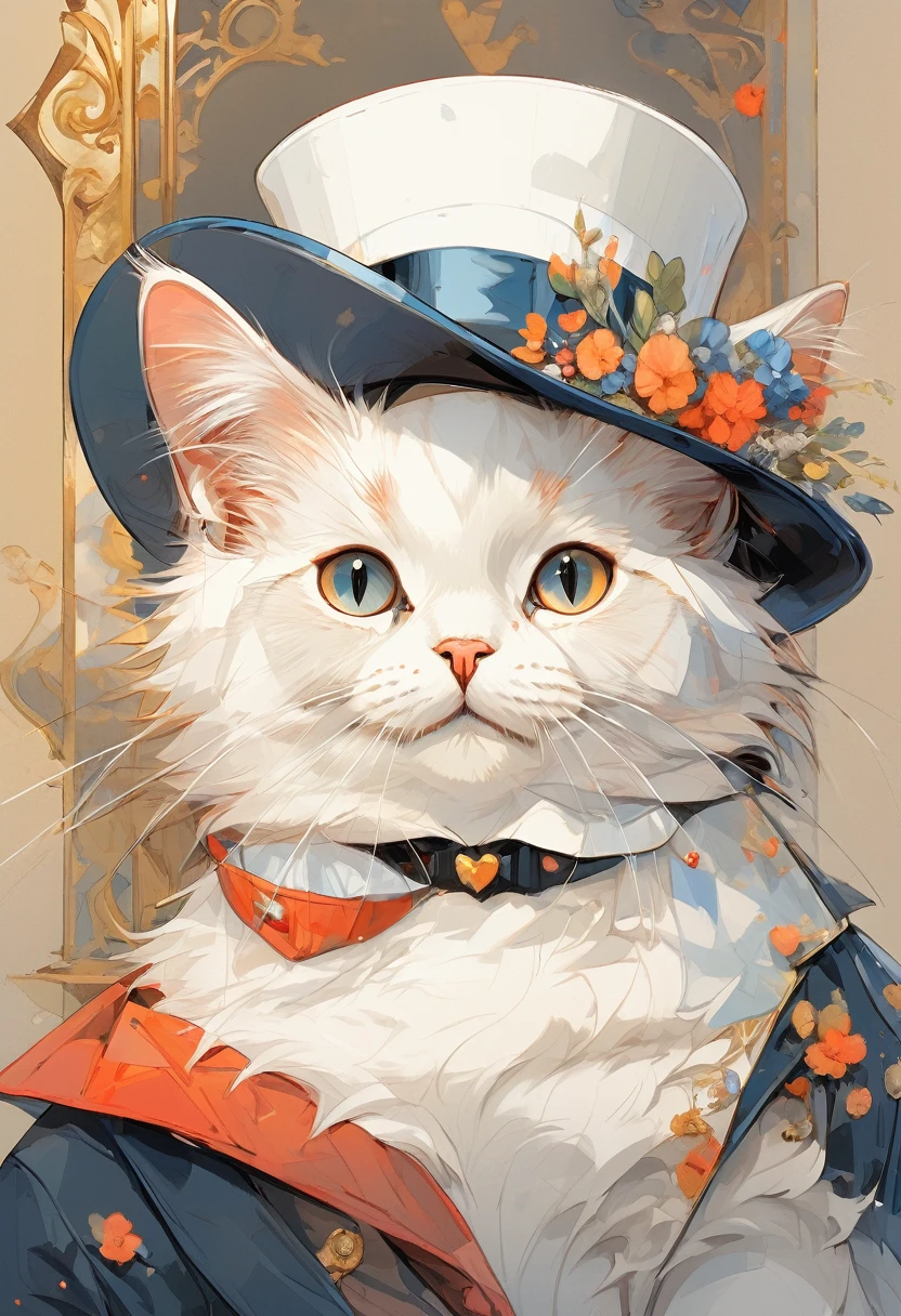 (Highest quality:0.8), (Highest quality:0.8), Perfect illustration,Highest quality, (masterpiece:1.2),  Official Art, wallpaper, beautifully、aesthetic, Cute fluffy white cat in a top hat, One girl, One cat