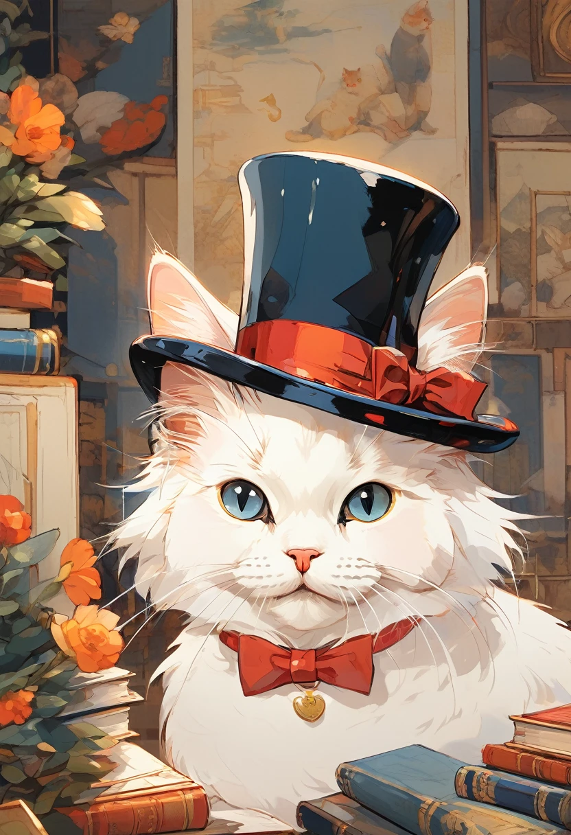 (Highest quality:0.8), (Highest quality:0.8), Perfect illustration,Highest quality, (masterpiece:1.2), Official Art, wallpaper, beautifully、aesthetic, Cute fluffy white cat in a top hat, One girl, One cat