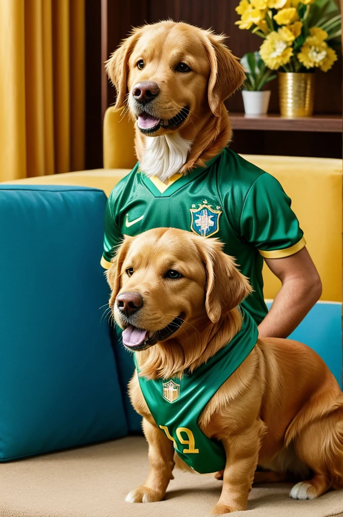Impersonate an animated Golden Retriver wearing the Brazilian national team shirt at the Copa América 2024.
.
With a sociable and fun expression. shiny golden fur. Lively and curious look