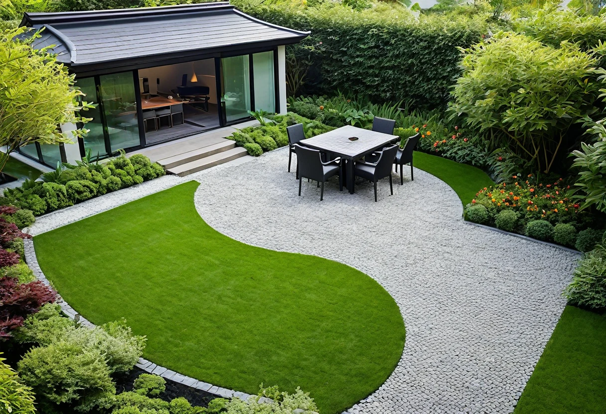 An aerial view of a beautifully designed modern European garden with a hint of Asian influence, featuring a sleek gazebo with a contemporary roof design, surrounded by lush green lawns, small grassy hills, and vibrant flowers. Shot with a high-quality DSLR camera, the smooth stone pathway winds through the garden, leading to a spacious BBQ area with a stylish grill and modern outdoor dining furniture. The pathway also leads to a sleek, modern gazebo with minimalist chairs and a table. The garden includes multiple grassy areas, small mounds forming gentle hills, a serene pond with a waterfall cascading over a hòn non bộ rock formation, and small clear ponds, incorporating Asian-inspired plants that add tranquility to the setting. Soft, ambient lighting enhances the cozy atmosphere. Shallow depth of field, focused foreground, bokeh background. ((8k)), high quality detail, harmonious and inviting garden.