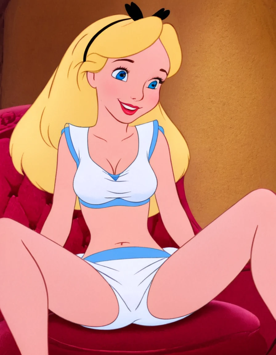  1girl, solo, long hair, blue eyes, blonde hair, alice, disney, white bra, full view, bare chest, bellybutton, white panties, sitting down, bare legs, smiling, masterpiece, best quality , 2D cartoon