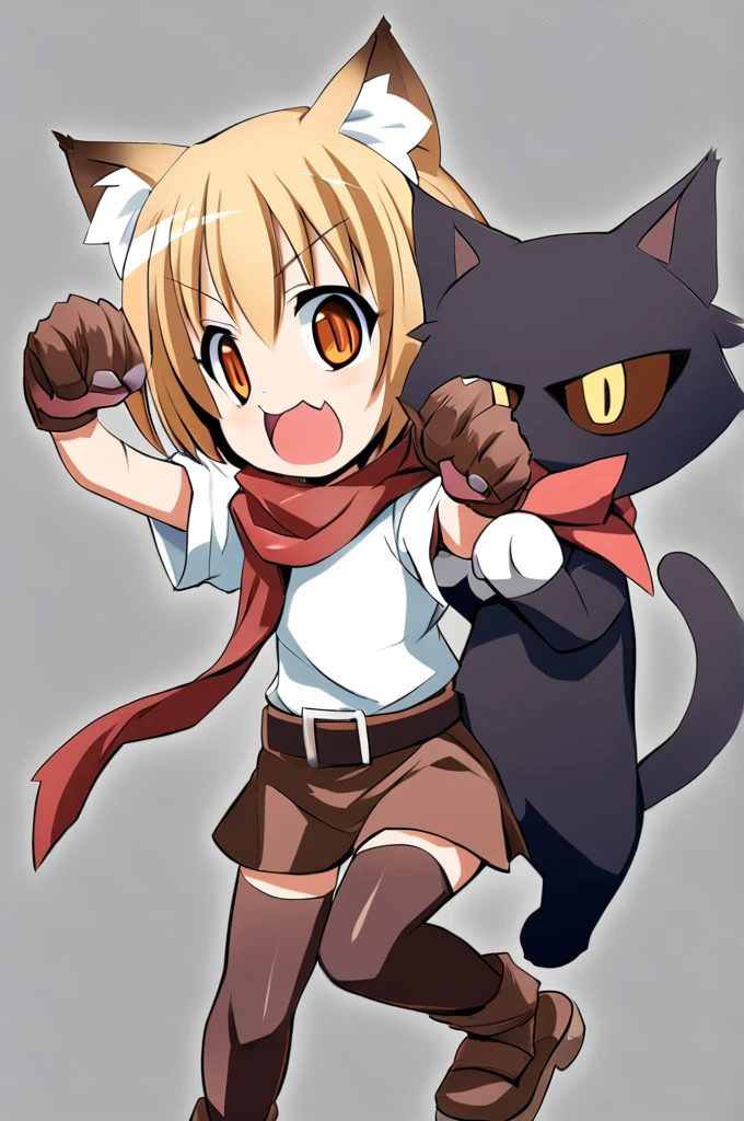 Short blonde hair, cat ears and tail to match hair color, orange eyes, wearing a red scarf, dressed like a brownish bandit, cute girl with a cat beast, brown leather gloves on her hands, two daggers in her hands, ready for battle, , the picture should be a Japanese anime, similar to the reference image, small breasts
