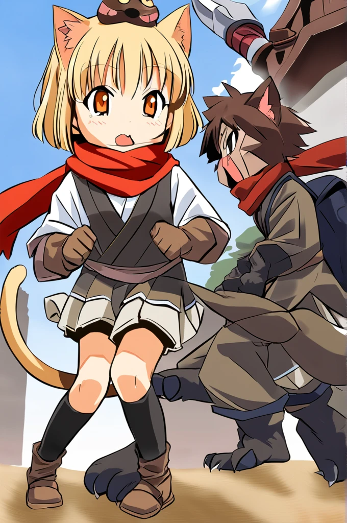 Short blonde hair, cat ears and tail to match hair color, orange eyes, wearing a red scarf, dressed like a brownish bandit, cute girl with a cat beast, brown leather gloves on her hands, two daggers in her hands, ready for battle, 15 years old, the picture should be a Japanese anime, similar to the reference image, small breasts