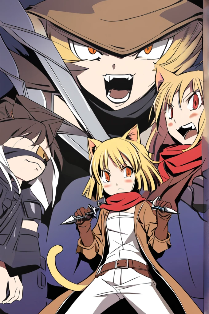 Short blonde hair, cat ears and tail to match hair color, orange eyes, wearing a red scarf, dressed like a brownish bandit, cute girl with a cat beast, brown leather gloves on her hands, two daggers in her hands, ready for battle, 15 years old, the picture should be a Japanese anime, similar to the reference image, small breasts