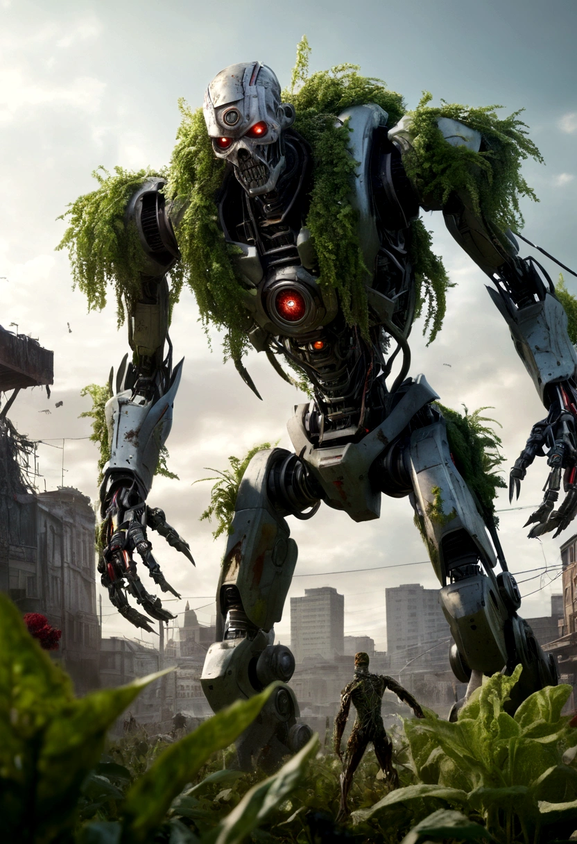 a symbion between a plant and a zombie, merged as one, mecha world, zombie apocalypse scene, uhd, ultra detailed, epic realism