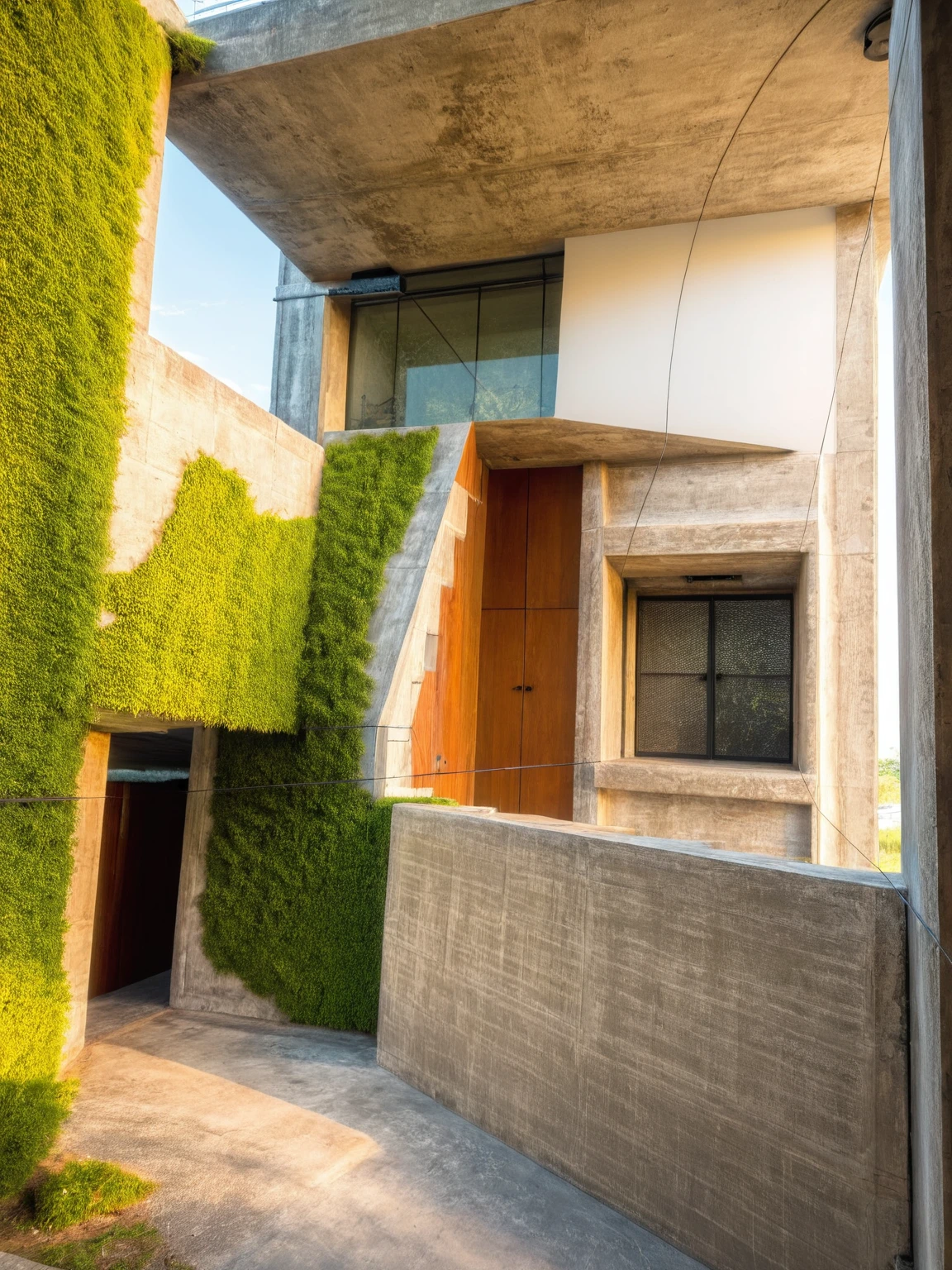 Raw photo,Masterpiece, high quality, best quality, authentic, super detail, interior, indoors,Tuonghoagio, house, modern style, on the street,wind flower wall, concrete wall, metal railing ,pavement, trees, white sky, (daylight:1.1), ((realistic photo))