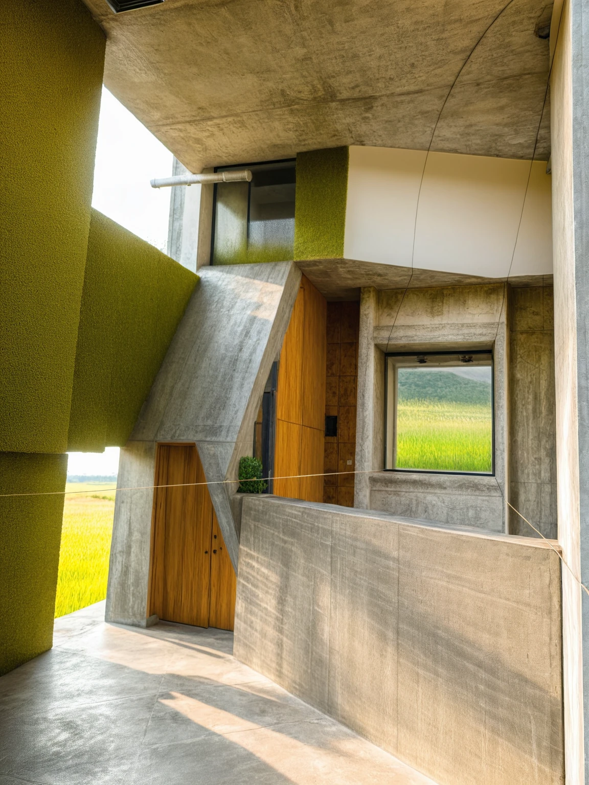 Raw photo,Masterpiece, high quality, best quality, authentic, super detail, interior, indoors,Tuonghoagio, house, modern style, on the street,wind flower wall, concrete wall, metal railing ,pavement, trees, white sky, (daylight:1.1), ((realistic photo))