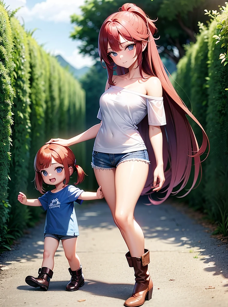 sexy young girl, long hair strong red hair, blue-eyed, Short white off-the-shoulder shirt, bright blue short jean shorts, mirada happy, happy, short brown boots, walking, con su hija pequeña de cabello gris blue-eyed