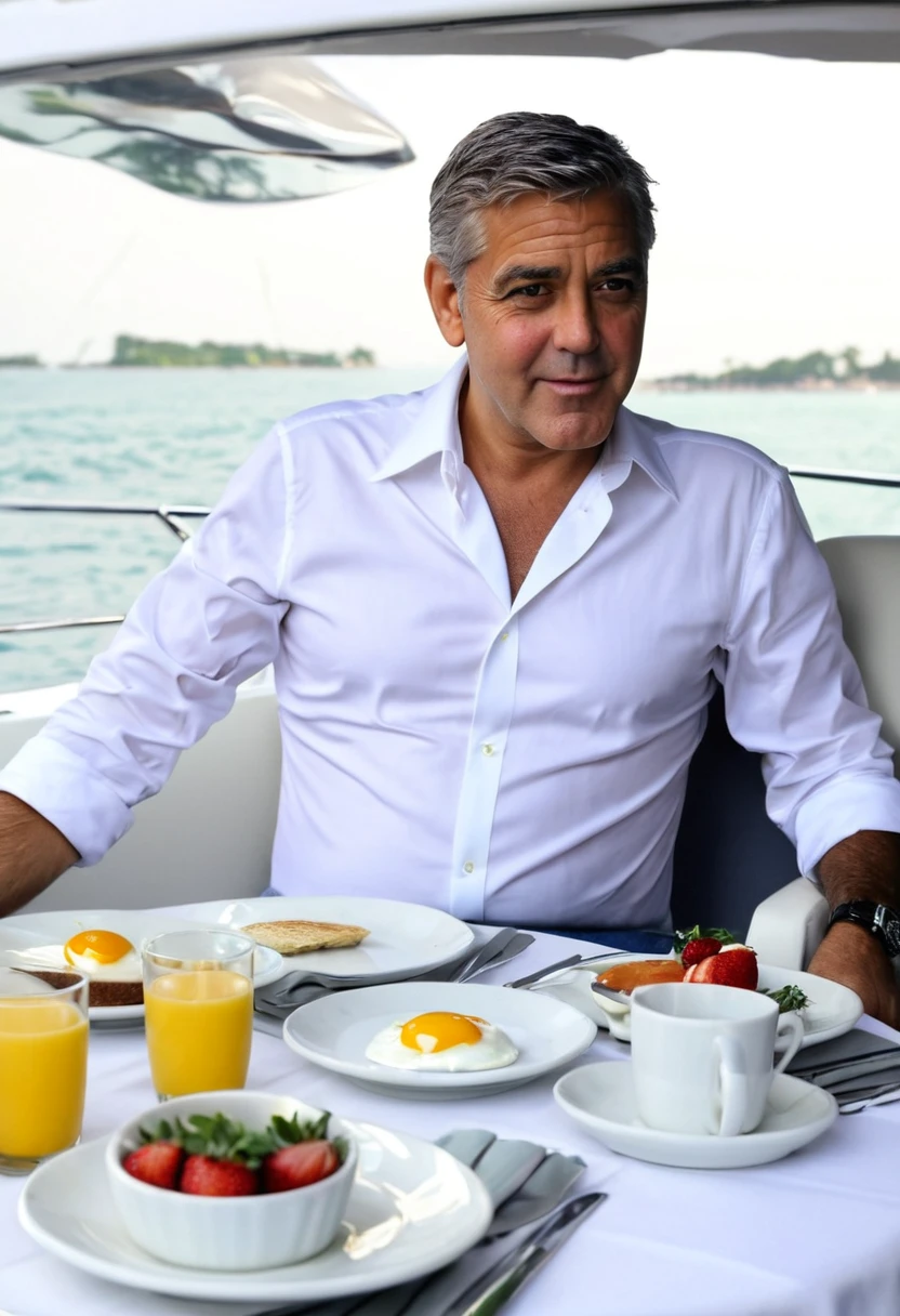 George Clooney sits at the breakfast table on his yacht