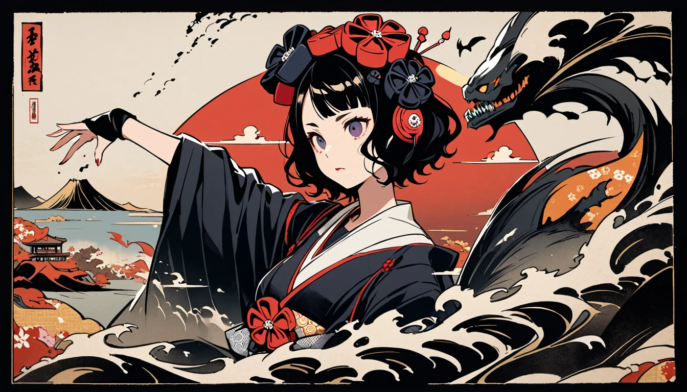 Highest quality, Katsushika Hokusai, Ink Painting, (((1 girl))), (((Horror elements))), Japanese style headphones, beautiful girl, Black Hair, Delicate and precise, Modern ukiyo-e style, Darkness