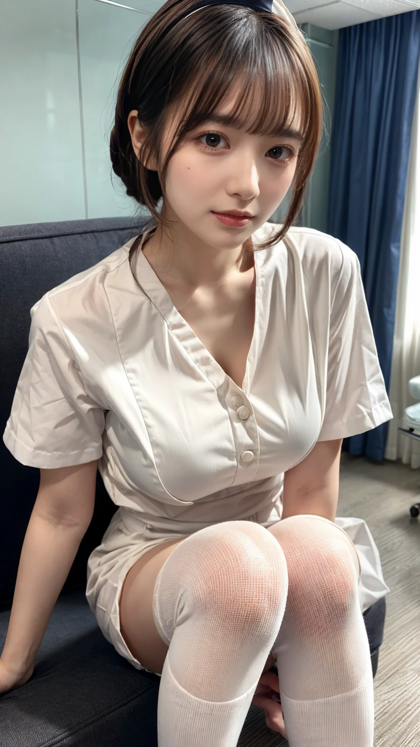 16K quality、最high quality, High resolution, real photos, (Super realistic、realistic)、((long shot、full body portrait))、(((hospital examination room、In front of the medicine cabinet、Medical Record File、A wide range of cutting-edge medical equipment))) 、(((Doctor in a white coat who won't close the button)))、(((Black blouse with collar on doctor's lab coat、Wear a long-sleeved doctor's'Coat over black blouse、black mini skirt)))、((Platinum blonde female doctor in a white coat))、(((silver hair:1.2)))、(blue eyes)、((Wear a stethoscope and name tag))、((open both legs wide、Please open your legs and show me your white panties。))、(Pure white panties visible between the thighs)、choker、beautiful feet、barefoot、((high heels))、(Big eyes、very beautiful and modest makeup, Make-up is light, beautiful blonde hair)、(Cute Japanese girl in her 20s)、perfect body、perfect hands、perfect hands指、Dense and beautiful lips、clear, Beautiful face and well-proportioned eyes、highly detailed eyes and face、well-groomed nose、thin eyebrows、(perfect eyes)、 (F cup big breasts)、はっきりしたdouble eyelid、blinking eyes、clear, Beautiful face and well-proportioned eyes, ( very beautiful and modest makeup, Make-up is light、 border light, (soft light, high quality, smooth and sharp, 10x pixelation, beautiful eyeshadow),((NSFW))、((ecstatic expression、reach sexual climax))、Mouth open loosely、sexy mouth、(cute japanese girl)、 smile、Dense and beautiful lips , cute round face, plump thighs、emphasize the thighs、hairstyle with bangs、delicate body、slim、skin that reflects light、model body shape、fine fingers、beautiful eyes、long eyelashes、8head and body、Low - Angle、light reflected in the eyes、face becomes smaller、double eyelid、Big eyes、lip gloss、look at the camera、background bokeh、Movie lighting from the front、light shines on your face