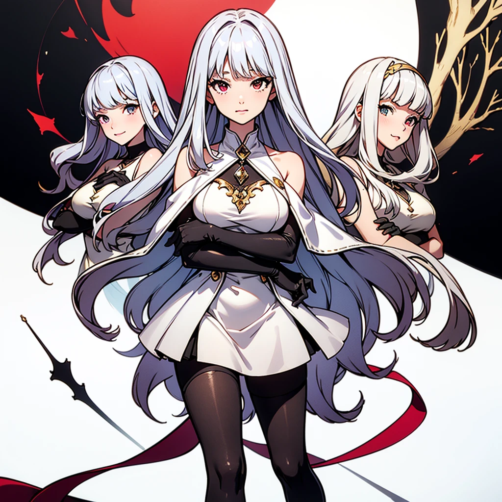 airy, bravely default, black gloves, high heels,  FernFrieren, very long hair, heterochromia  eyes, different coloured left and right eyes, red right eye, and purple left eye, each other eye is coloured another  different, red or purple colour, (gold pupils), looking down, straight-on, expressionless, crossed arms, standing, looking at viewer, large breasts,, ultra detailed, masterpiece, best quality, aesthetic, detailed, silver hair, white dress