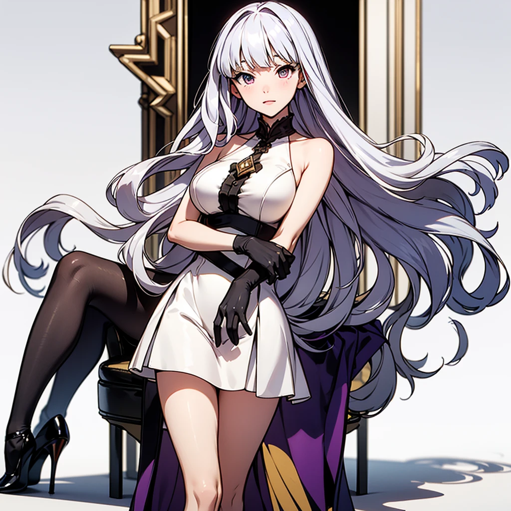 airy, bravely default, black gloves, high heels,  FernFrieren, very long hair, heterochromia  eyes, different coloured left and right eyes, red right eye, and purple left eye, each other eye is coloured another  different, red or purple colour, (gold pupils), looking down, straight-on, expressionless, crossed arms, standing, looking at viewer, large breasts,, ultra detailed, masterpiece, best quality, aesthetic, detailed, silver hair, white dress