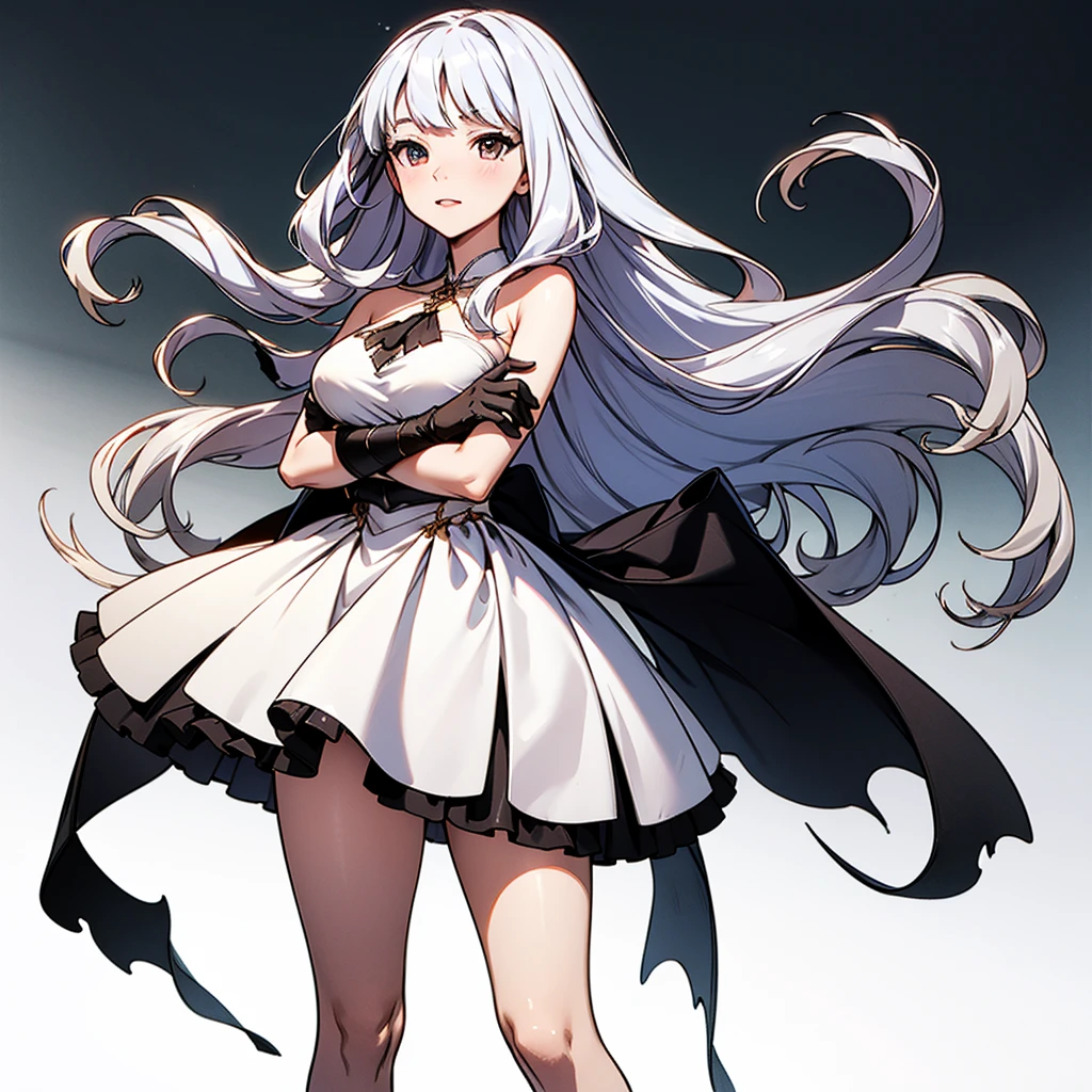 airy, bravely default, black gloves, high heels,  FernFrieren, very long hair, heterochromia  eyes, different coloured left and right eyes, red right eye, and purple left eye, each other eye is coloured another  different, red or purple colour, (gold pupils), looking down, straight-on, expressionless, crossed arms, standing, looking at viewer, large breasts,, ultra detailed, masterpiece, best quality, aesthetic, detailed, silver hair, white dress