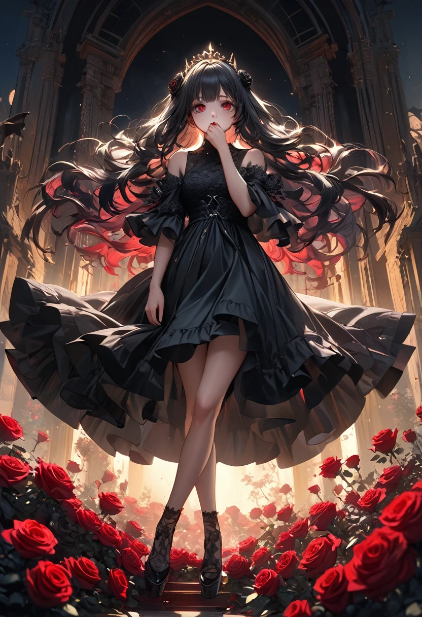 Full Body View, Elevation, Beautiful attention to detail, Beautiful lip detail, Highly detailed eyes and face, Long eyelashes, beautiful and cute young girl, Princess of the Underworld, dark表情, Depressed face, look up, Put your hand over your mouth, White and black gradient hair, Through the bangs, Flowing Hair, Decorated with red and black roses黒人の薄いベール, Decorated with red and black roses、Very beautiful black dress, dark地下世界の背景, (Highest quality,16K,High resolution,masterpiece:1.2),Super detailed,(Ultra-realistic,Photorealistic:1.37),High resolution,超High resolution,Studio Lighting,Ultra-fine painting,Sharp focus,Physically Based Rendering,Very detailed explanation,Professional,Vibrant colors,Japanese anime style,Dramatic lighting,Chiaroscuro,mysterious,melancholy,dark,Surreal,Fantasy,Many roses in the background