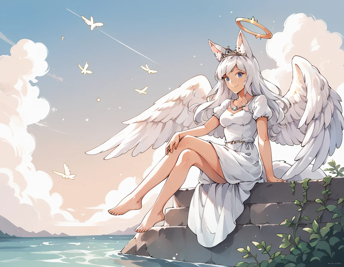 (masterpiece, best_quality:1.2),1girl, solo, blue eyes, white dress, tiara, white hair, bangs, long hair, medium breasts, angel wings, feathered wings, puffy short sleeves, fox ears, smile, sitting, outdoors, sky, barefoot, cloud, water, floating hair, halo, cloudy sky, horizon, angel, 