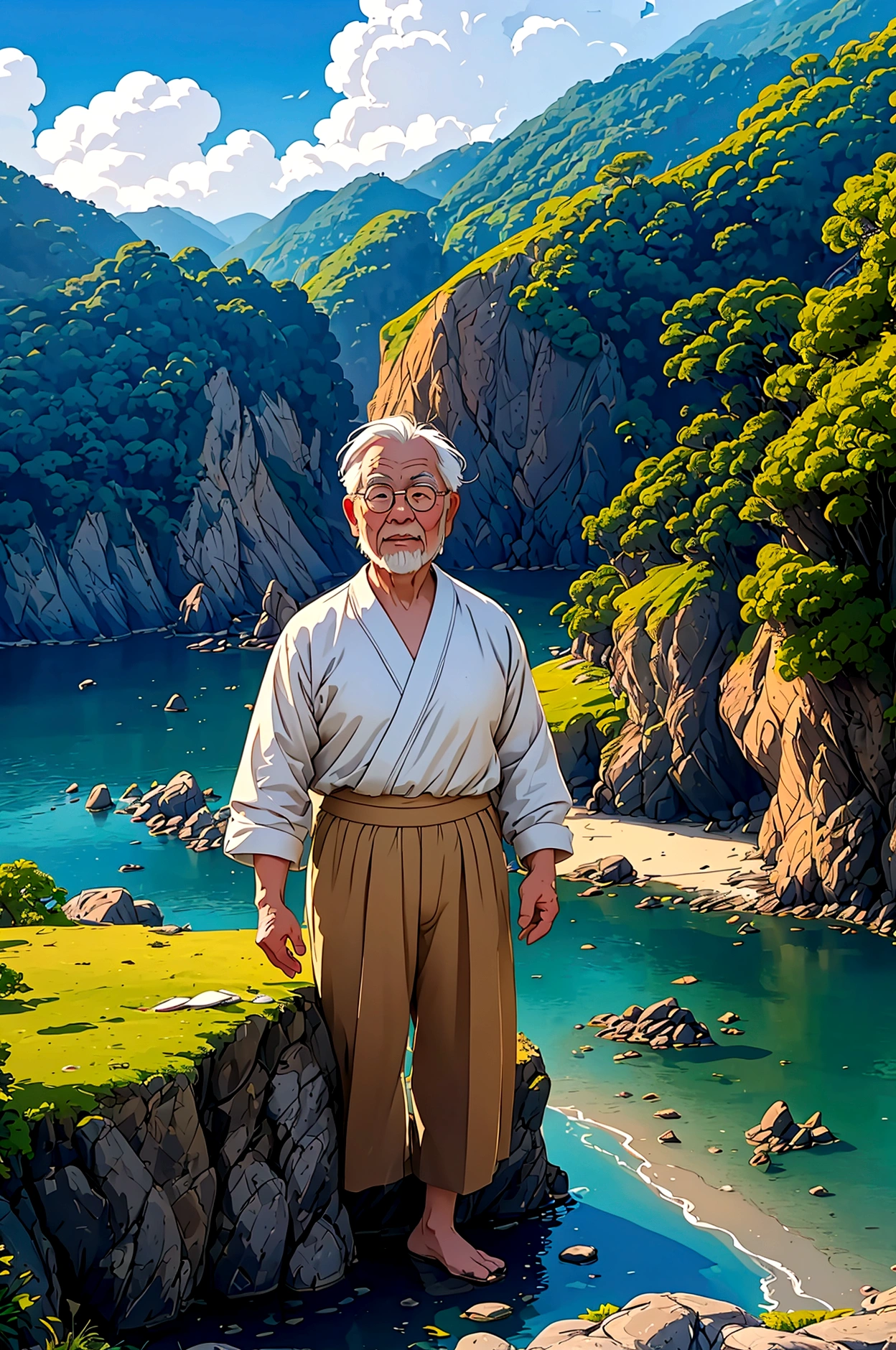 Create a high-quality anime-style image featuring an elderly man standing on a rocky cliff by the sea. The man has white hair, a beard, and is wearing round glasses. He is dressed in a white shirt, beige pants rolled up at the ankles, and white sneakers. His posture is relaxed, with his hands in his pockets, gazing thoughtfully into the distance.

The background consists of a clear blue sky filled with fluffy, white clouds. Below the cliff, there is a calm sea with boats and a small coastal village nestled at the foot of green, mountainous terrain. The scene captures a peaceful, reflective moment, with vibrant colors and detailed shading to emphasize the tranquil and contemplative atmosphere.