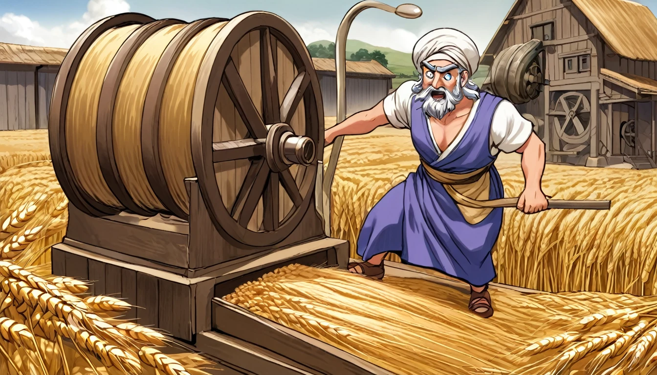 Samson pushing a wheat mill, with hollow eyes and very humiliated