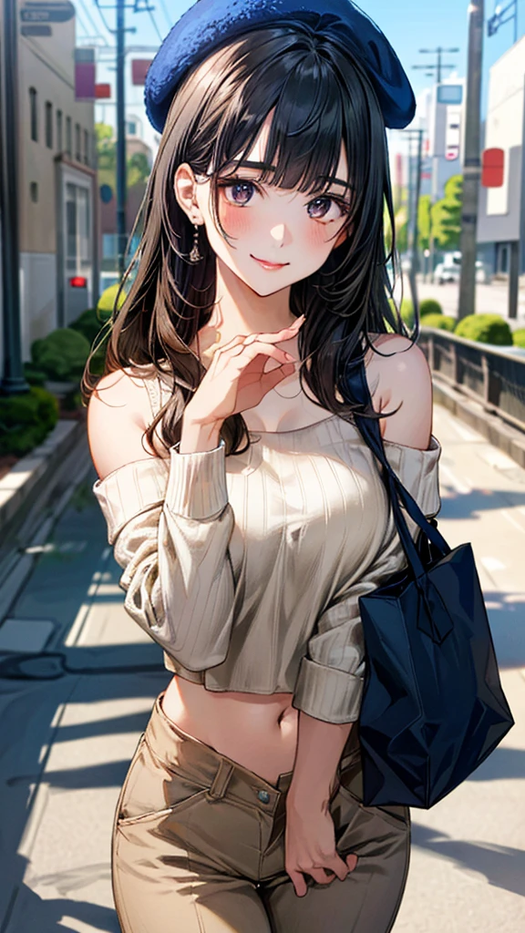 (masterpiece:1.3, top-quality, ultra high res, ultra detailed), (realistic, photorealistic:1.4), beautiful illustration, perfect lighting, natural lighting, colorful, depth of fields, surrealism,
beautiful detailed hair, beautiful detailed face, beautiful detailed eyes, beautiful clavicle, beautiful body, beautiful chest, beautiful thigh, beautiful legs, beautiful fingers, 
looking at viewer, 1 girl, japanese, high school girl, (perfect anatomy, anatomically correct), cute and symmetrical face, babyface, perfect face, perfect eyes, shiny skin, 
(long hair:1.8, hime cut:1.1, black hair, blunt bangs), gray eyes, big eyes, slant eyes:1.2, long eye lasher, (large breasts:0.8, seductive thighs), 
((midriff, long sleeve, beige cold shoulder sweater, midnightblue paperbag waist pants, midnightblue beret)), 
(beautiful scenery), summer, evening, (pedestrian bridge), dynamic pose, (happy smile),