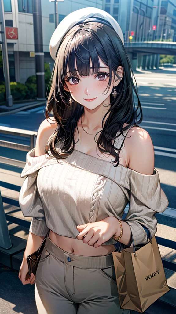 (masterpiece:1.3, top-quality, ultra high res, ultra detailed), (realistic, photorealistic:1.4), beautiful illustration, perfect lighting, natural lighting, colorful, depth of fields, surrealism,
beautiful detailed hair, beautiful detailed face, beautiful detailed eyes, beautiful clavicle, beautiful body, beautiful chest, beautiful thigh, beautiful legs, beautiful fingers,
looking at viewer, 1 girl, japanese, high school girl, (perfect anatomy, anatomically correct), cute and symmetrical face, babyface, perfect face, perfect eyes, shiny skin,
(long hair:1.8, hime cut:1.1, black hair, blunt bangs), gray eyes, big eyes, slant eyes:1.2, long eye lasher, (large breasts:0.8, seductive thighs),
((midriff, long sleeve, beige cold shoulder sweater, midnightblue paperbag waist pants, navy beret)),
(beautiful scenery), summer, evening, (pedestrian bridge), dynamic pose, (happy smile),