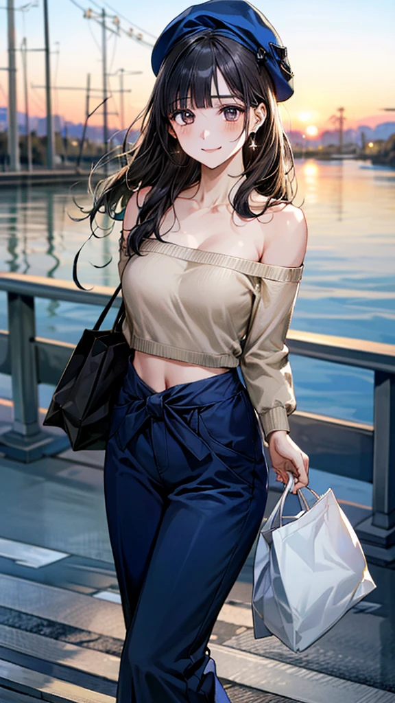 (masterpiece:1.3, top-quality, ultra high res, ultra detailed), (realistic, photorealistic:1.4), beautiful illustration, perfect lighting, natural lighting, colorful, depth of fields, surrealism,
beautiful detailed hair, beautiful detailed face, beautiful detailed eyes, beautiful clavicle, beautiful body, beautiful chest, beautiful thigh, beautiful legs, beautiful fingers,
looking at viewer, 1 girl, japanese, high school girl, (perfect anatomy, anatomically correct), cute and symmetrical face, face, perfect face, perfect eyes, shiny skin,
(long hair:1.8, hime cut:1.1, black hair, blunt bangs), gray eyes, big eyes, slant eyes:1.2, long eye lasher, (large breasts:0.8, seductive thighs),
((midriff, long sleeve, beige cold shoulder sweater, midnightblue paperbag waist pants, navy beret)),
(beautiful scenery), summer, evening, (pedestrian bridge), dynamic pose, (happy smile),