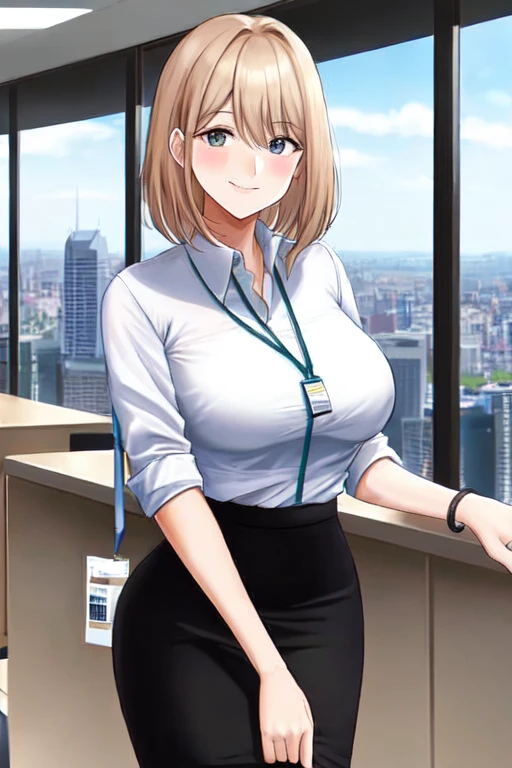 k4l3yc, 1lady standing, /(casual shirt/) (pencil skirt:1.1) /(id card lanyard/), (mature female) bangs, blush kind smile, (masterpiece best quality:1.2) delicate illustration ultra-detailed, large breast BREAK /(modern office indoors/), window skyscraper, look at viewer