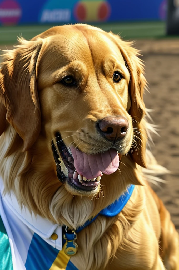 Impersonate an animated Golden Retriver wearing the Brazilian national team shirt at the Copa América 2024.
.
With a sociable and fun expression. shiny golden fur. Lively and curious look