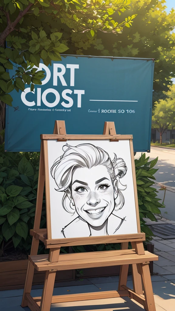 Create a promotional image for selling caricatures. The image should include a drawing bench with several examples of colorful caricatures hanging around it. On the bench, an artist is drawing a new caricature, with a big smile on its face. in the spotlight, A written sign "Custom Caricatures" em letras grandes e chamativas. Add details such as a promotional banner indicating "10 discount% on First Order" and contact information in a corner of the image. The background could be an outdoor art fair or a cozy artist studio.