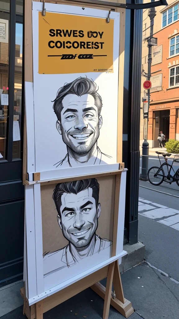 Create a promotional image for selling caricatures. The image should include a drawing bench with several examples of colorful caricatures hanging around it. On the bench, an artist is drawing a new caricature, with a big smile on its face. in the spotlight, A written sign "Custom Caricatures" em letras grandes e chamativas. Add details such as a promotional banner indicating "10 discount% on First Order" and contact information in a corner of the image. The background could be an outdoor art fair or a cozy artist studio.