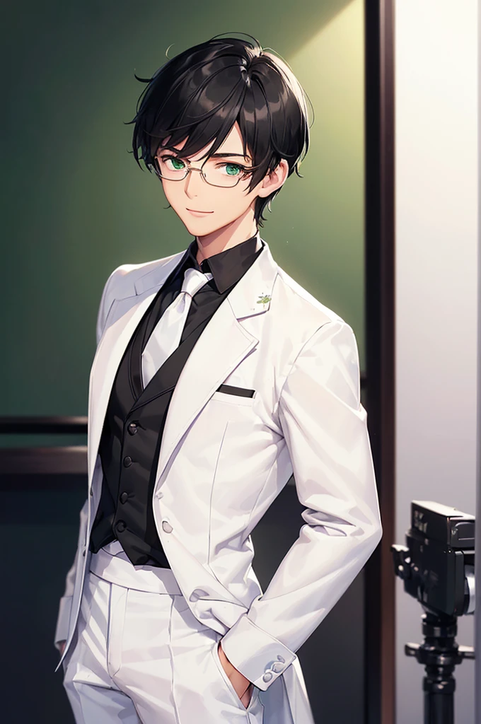 (masterpiece; best quality: 1.2), (finely detailed eyes: 1.3), ((25 year old man)), ((solo)), (green eyes: 1.4), (body; lean, lithe, masculine: 1.3), (very short black hair: 1.3), (beautiful and clear background: 1.2), ((depth of field)), (equipment: white open labcoat + black shirt + white necktie + white pants + black square glasses: 1.3), (anime illustration: 1.2), (background composition; japanese highschool classroom + furniture: 1.1), (extremely fine and handsome: 1.1), (shot composition; standing + centered on torso + close-up: 1.5), (expression; calm, smile: 1.2)