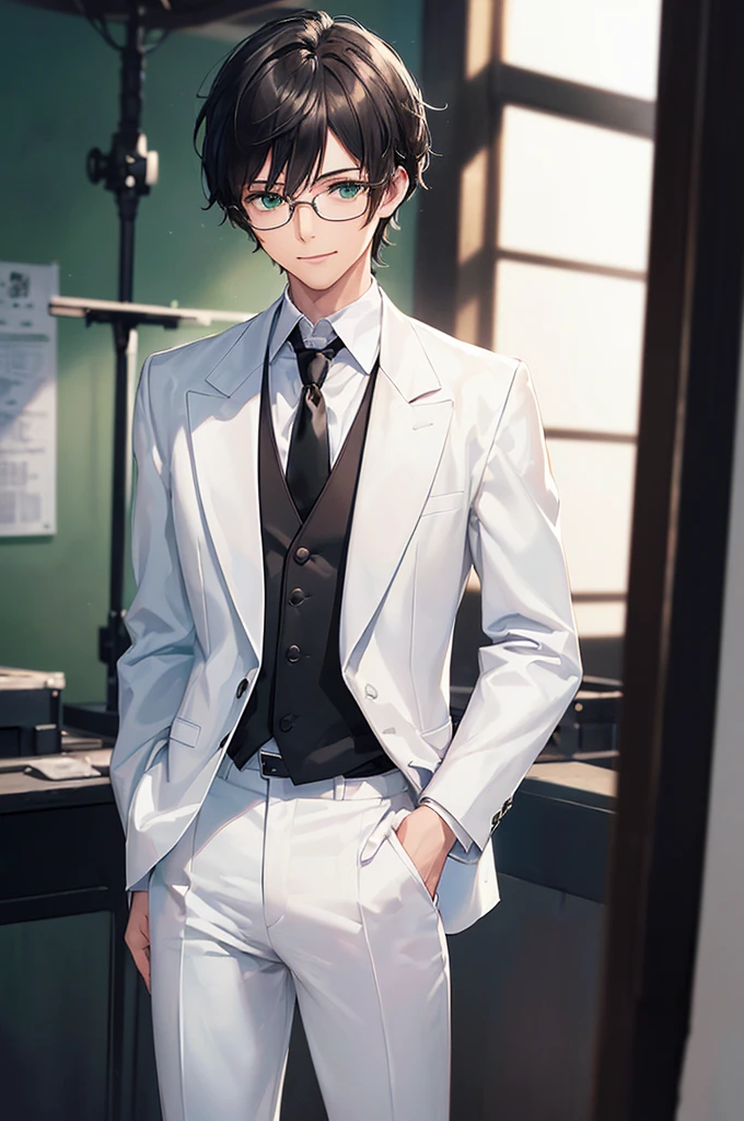 (masterpiece; best quality: 1.2), (finely detailed eyes: 1.3), ((25 year old man)), ((solo)), (green eyes: 1.4), (body; lean, lithe, masculine: 1.3), (very short black hair: 1.3), (beautiful and clear background: 1.2), ((depth of field)), (equipment: white open labcoat + black shirt + white necktie + white pants + black square glasses: 1.3), (anime illustration: 1.2), (background composition; japanese highschool classroom + furniture: 1.1), (extremely fine and handsome: 1.1), (shot composition; standing + centered on torso + close-up: 1.5), (expression; calm, smile: 1.2)
